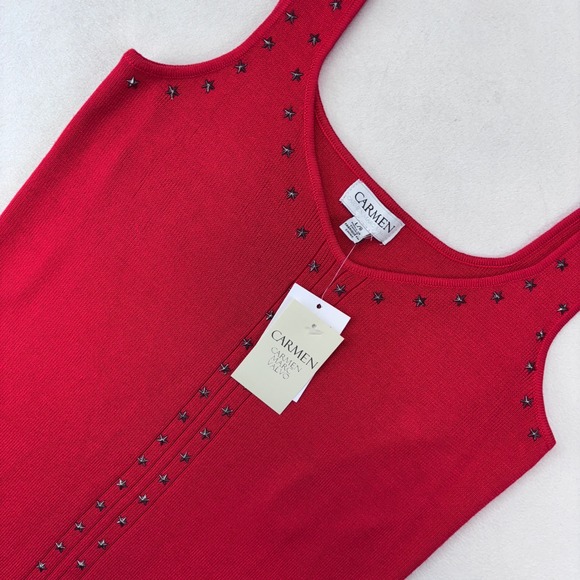 Carmen Marc Valvo Red Ribbed Tank Top Women Large New Star Studded V Neck - Picture 11 of 12